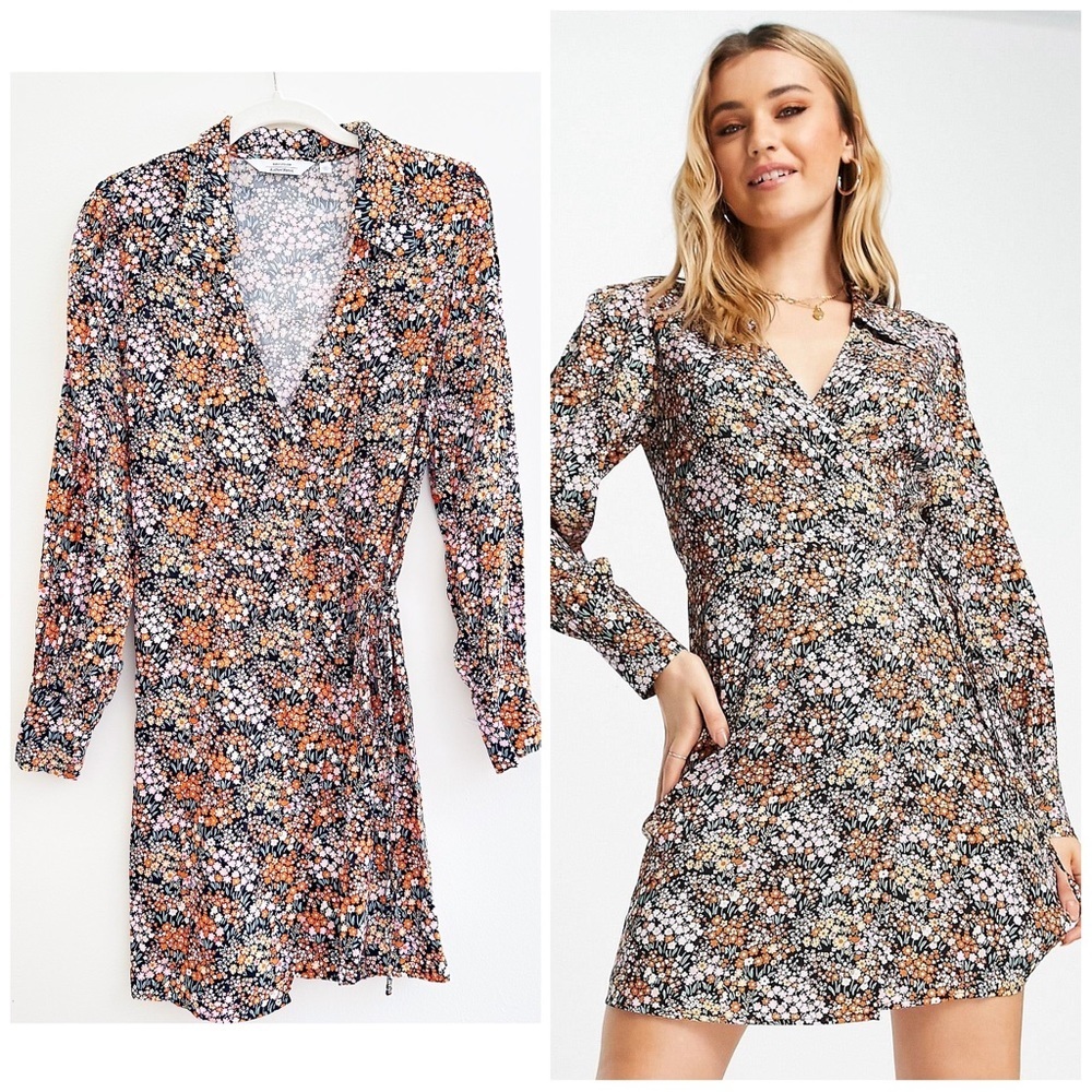 & Other Stories Floral Wrap Mini Dress - Black, White, Orange